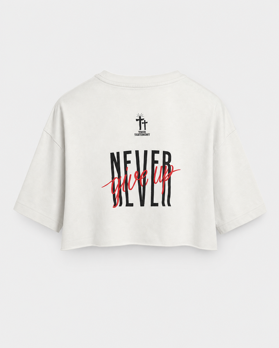 White - Yahweh Never Give Up Super-Cropped T-Shirt - Back