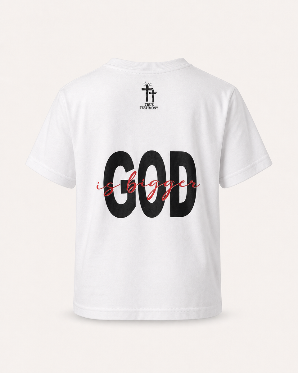 White - True Testimony God is Bigger Youth T-Shirt - Back