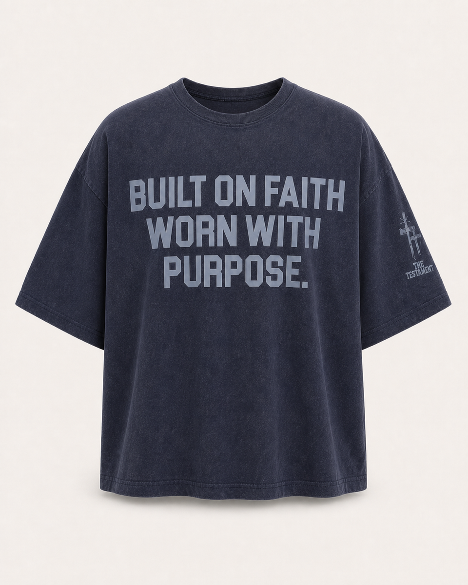 Navy - True Testimony Built on Faith Oversized Cropped T-Shirt - Back