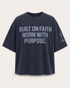 Navy - True Testimony Built on Faith Oversized Cropped T-Shirt - Back