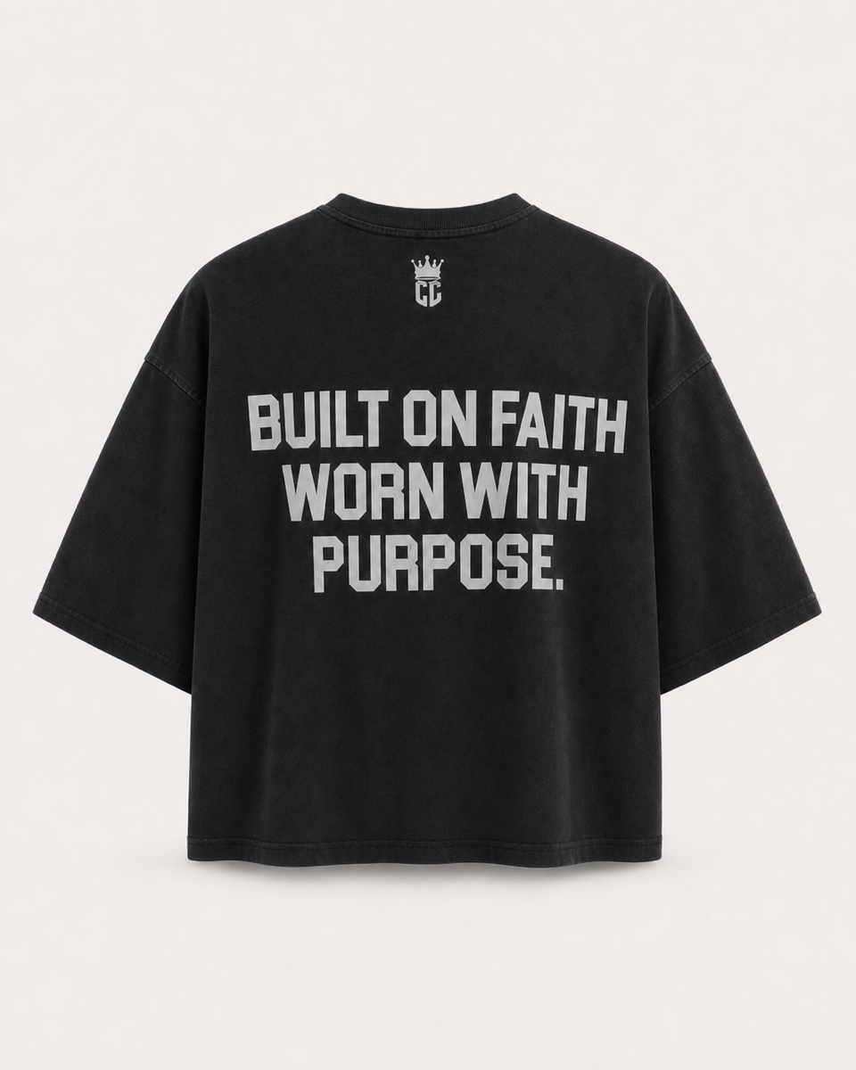 Black - True Testimony Built on Faith Oversized Cropped T-Shirt - Back
